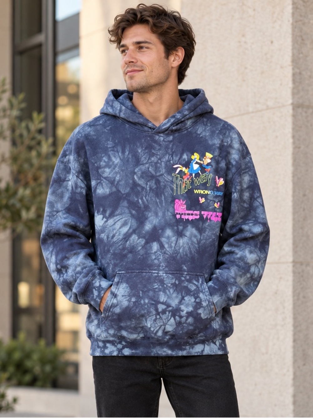 H&M Disney Alice in Wonderland Graphic Tie Dye Hoodie Mens XL Blue Streetwear